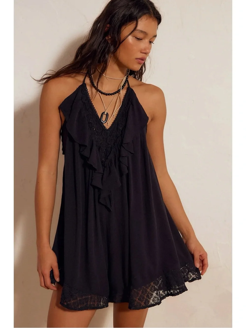Free People Ethereal Dainty Ruffle Lace Feeling Floral Romper in Black Small NWT